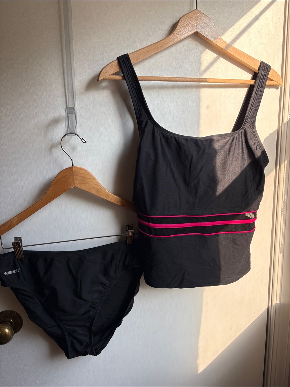 Vintage Y2K Speedo Black Tankini with Pink Stripe Mesh Bands size 12 high waist